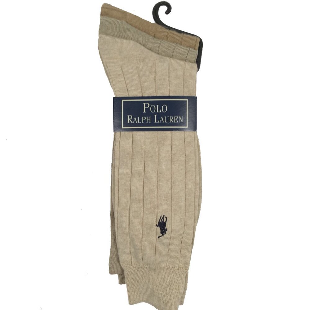 New Polo Ralph Lauren 3 Pair Set of Dress Socks!  Tan  Taupe  Ribbed  USA Made